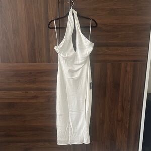 Lulu's White Halter Midi Dress with Side Slit
